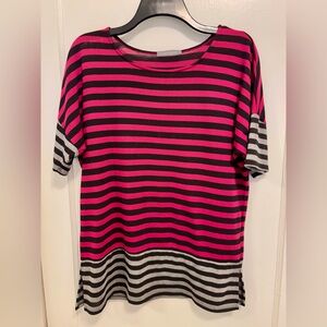Loveappella Pink, Gray, Black Striped Short Sleeve Top